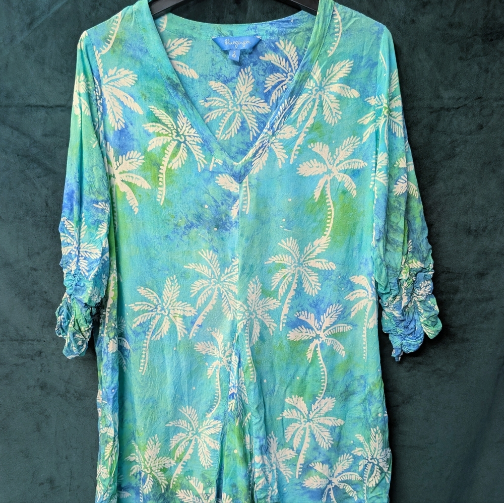 Blue Ginger Tropical Palm Print V Neck Blouse / Tunic / Maternity Size Small